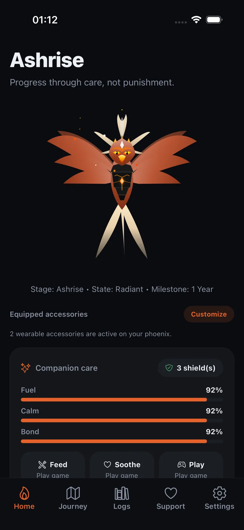Ashrise home screen with the ashrise phoenix and equipped wearables